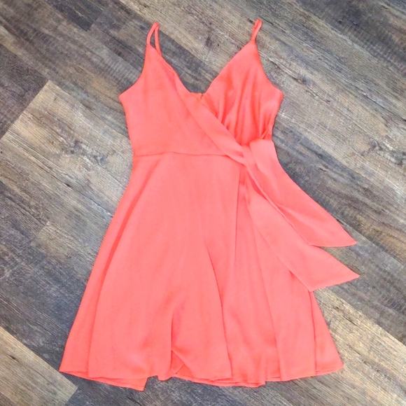 Express | Hot Coral Pink Wrap Front A-Line Satin Dress NWOT - Picture 1 of 5